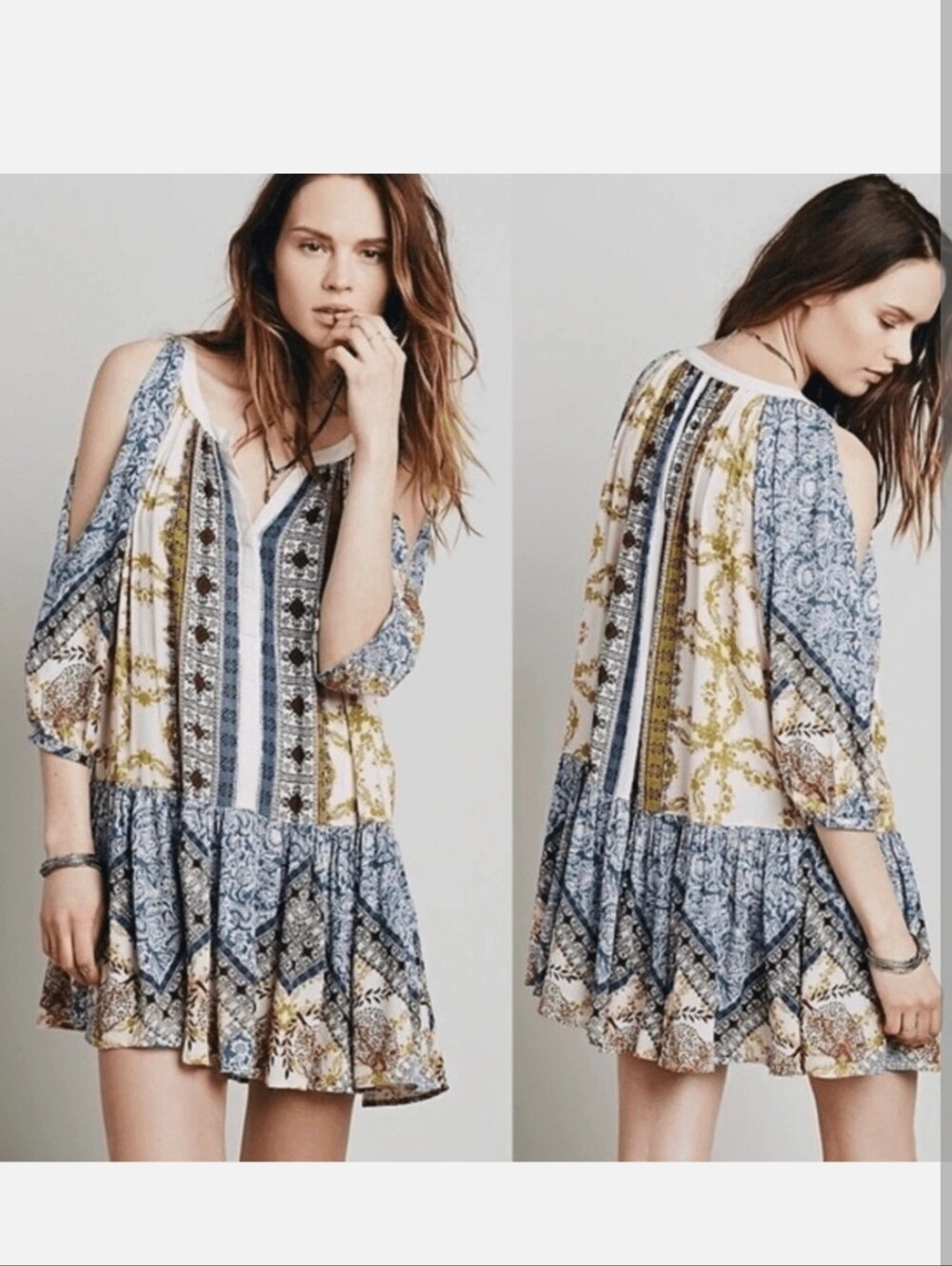 Free People Portobello Blue, White & Gold Boho Cold-Shoulder Tunic Dress  M Over